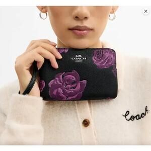 COACH NWT Leather Corner Zip Wristlet Wallet, Floral Print